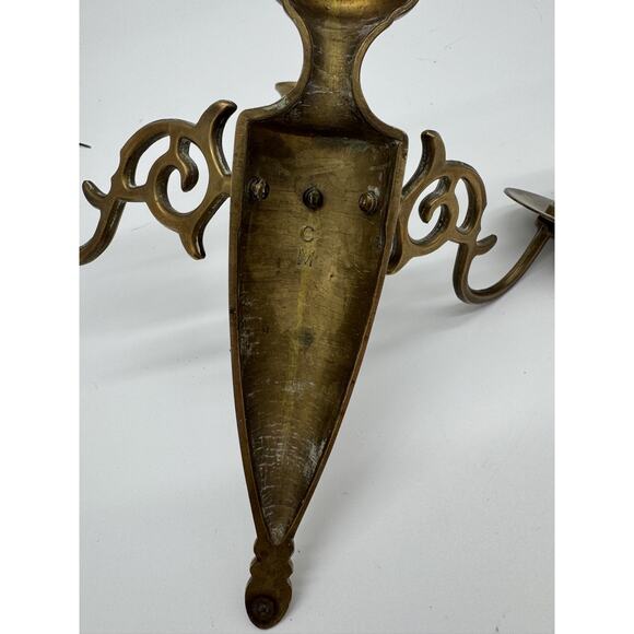 Solid Brass Triple Arm Candle Holders Wall Sconce CM On Back MCM - Picture 3 of 7